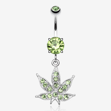 Marijuana Leaf Sparkle Belly Ring-Light Green